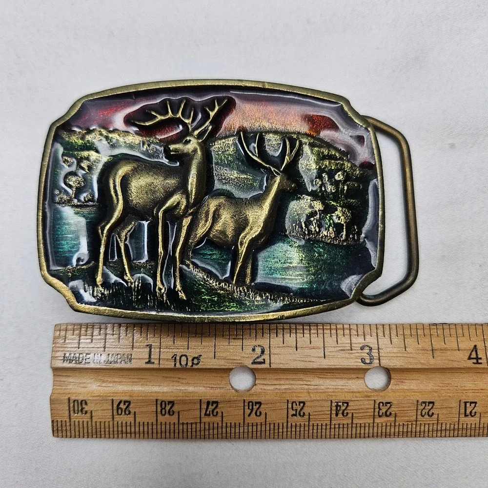 Koleaco USA Vtg Deer Buck‎ Wildlife Brass 3D Enamel Belt Buckle A16 Western